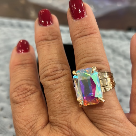 Stunning Aurora Borealis Emerald Cut Crystal Contemporary Ring-Adjustable - Picture 3 of 13